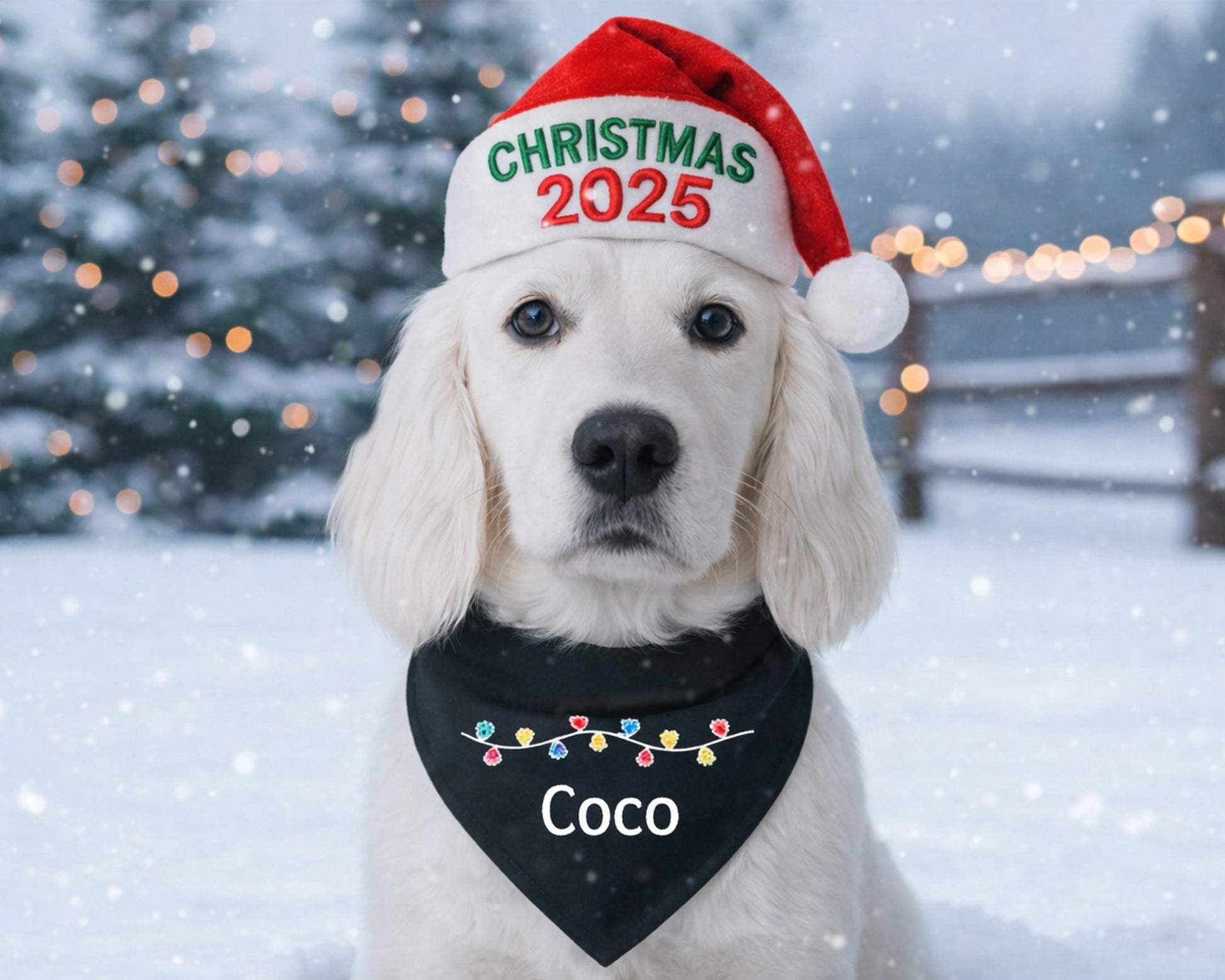 Dog wearing a Christmas 2025 hat with a snowy background