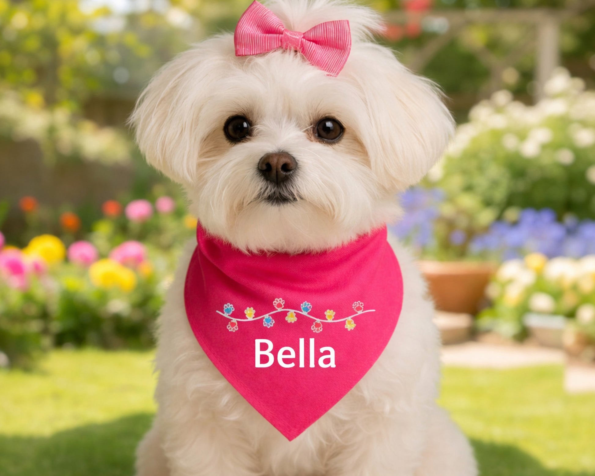 Small white dog wearing a pink bandana with 'Bella' on it, standing in a garden.