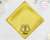 A radiant sunbeam yellow satin handkerchief featuring "Elijah" and black embroidery of two gemstone rings entwined together.