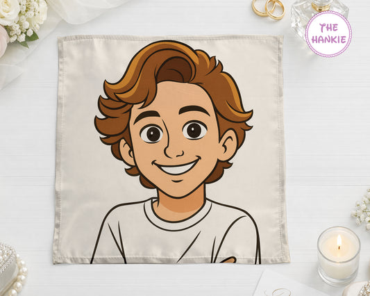A luxury white handkerchief featuring a high-depth 3D animated portrait of a couple sharing a picnic.