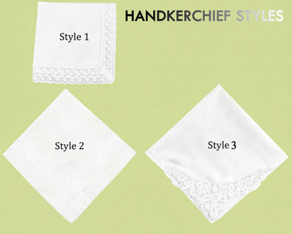 Bridal handkerchief in white cotton with blue Bride floral embroidery and a vintage-style scalloped lace border