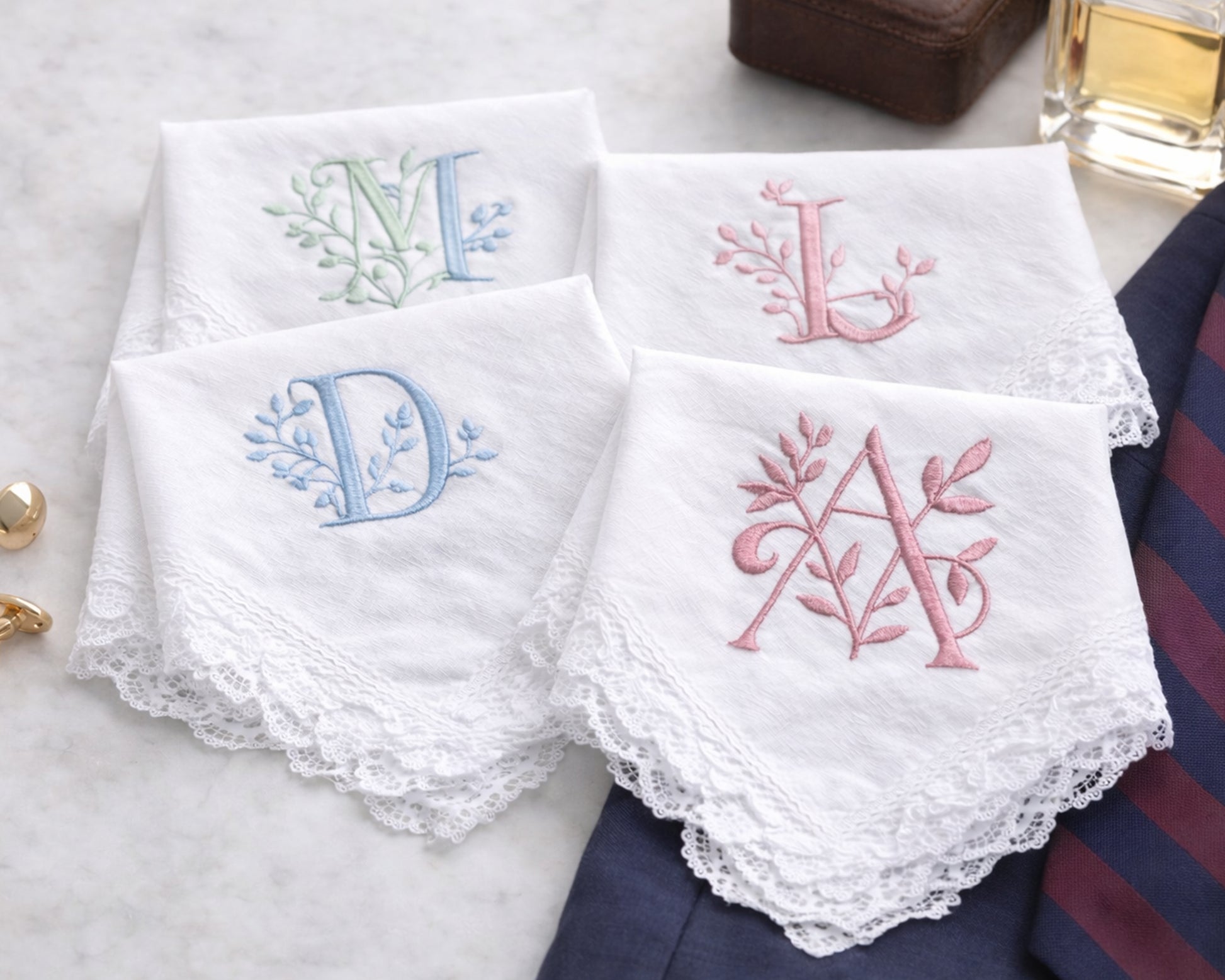 Set of embroidered handkerchiefs with initials on a marble surface.
