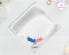 A shimmering pearl white high-lustre satin pocket square customized with "Emma" and a vibrant American flag eagle embroidery.