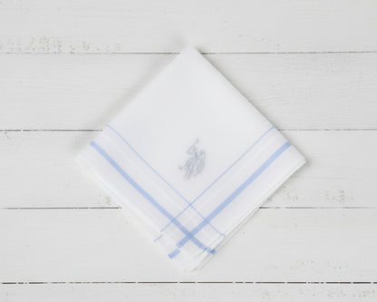 A set of three white U.S. Polo Assn. cotton handkerchiefs with navy, light blue, and red striped borders and embroidered logos.