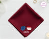 A spring maroon cotton handkerchief customized with the name "evelyn" and a vibrant, waving American flag embroidery.