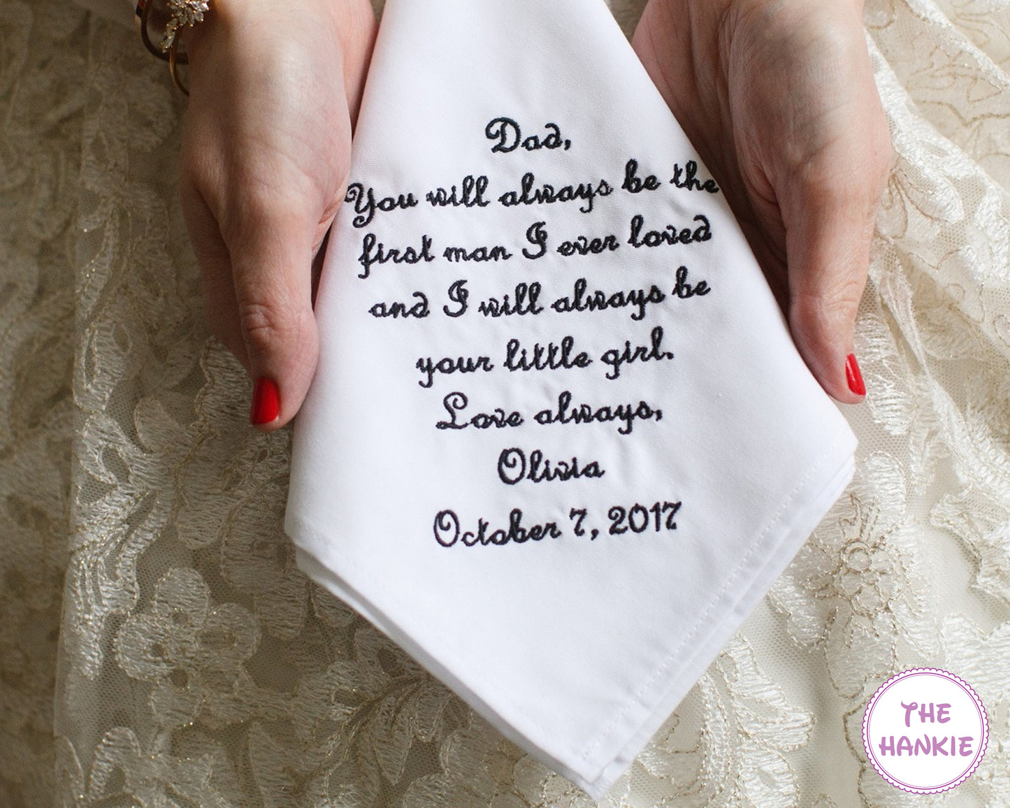 Custom embroidered wedding handkerchief with heartfelt father message and date, sentimental keepsake gift