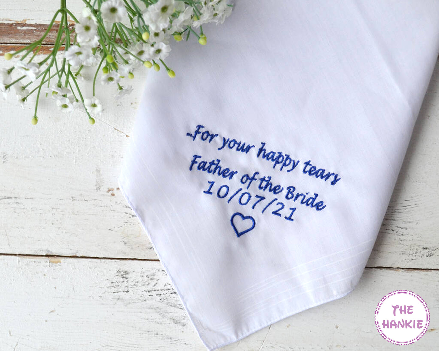 Personalized Father of the Bride wedding handkerchief with embroidered message and date