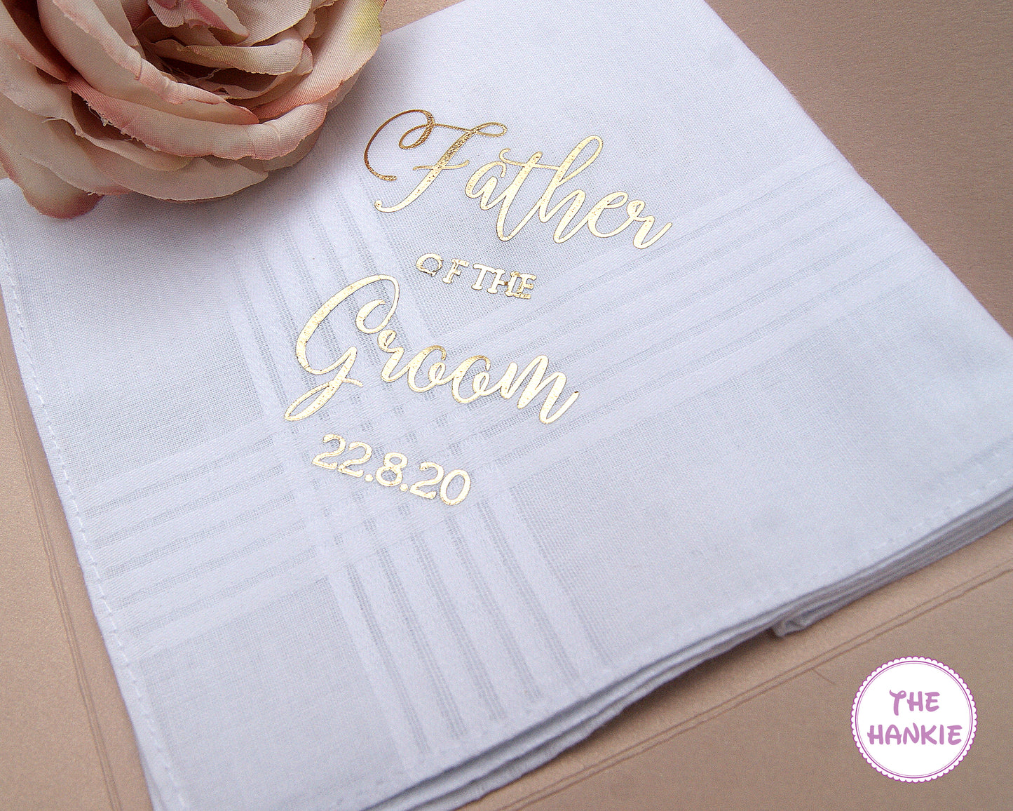 Father of the Groom personalized wedding handkerchief with gold foil text and wedding date