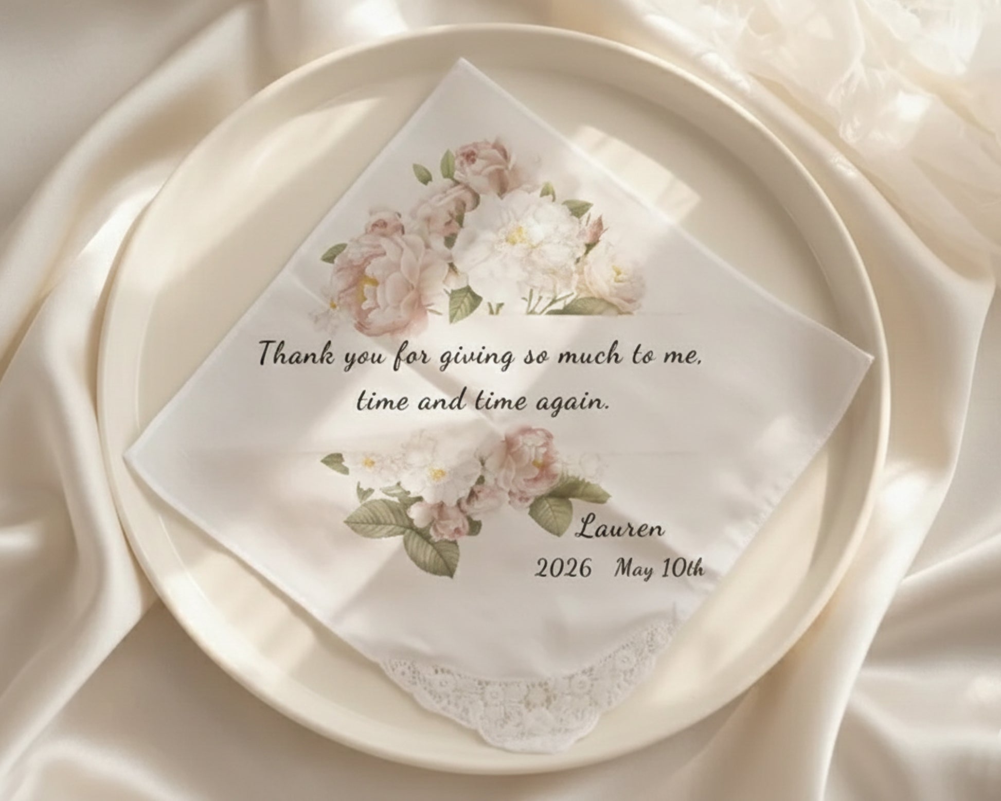 lassic white guest hand towel with a three-letter French Blue monogram and hemstitch detail