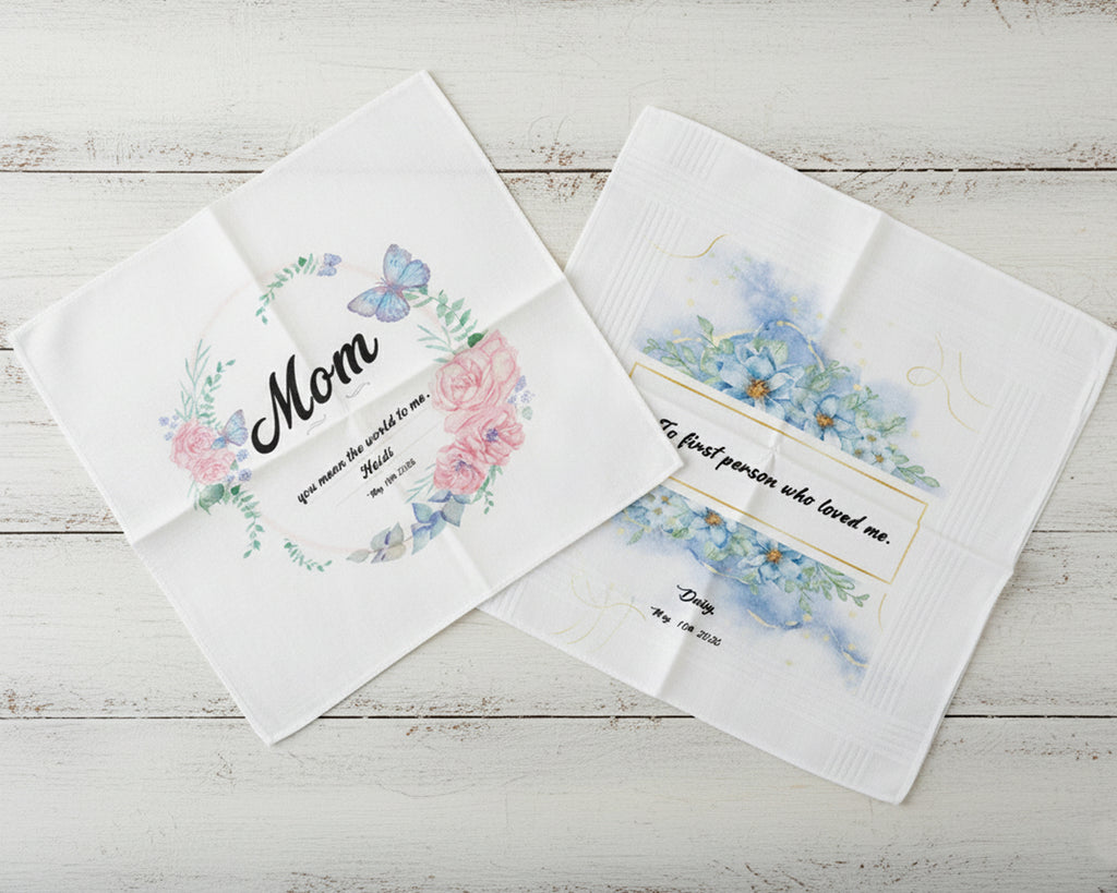 White lace handkerchief with floral embroidery and Grandma script