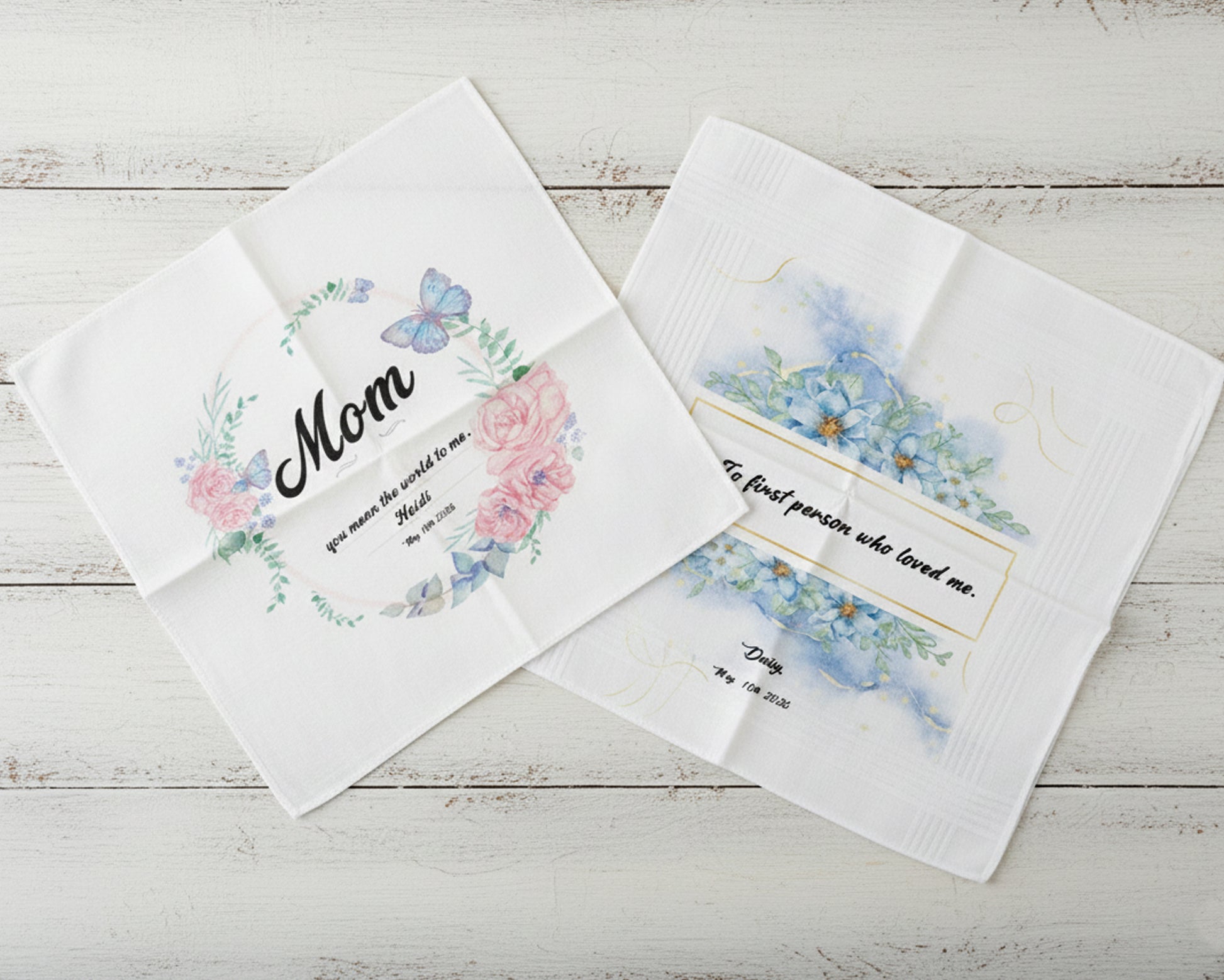 White lace handkerchief with floral embroidery and Grandma script