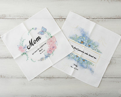 White lace handkerchief with floral embroidery and Grandma script