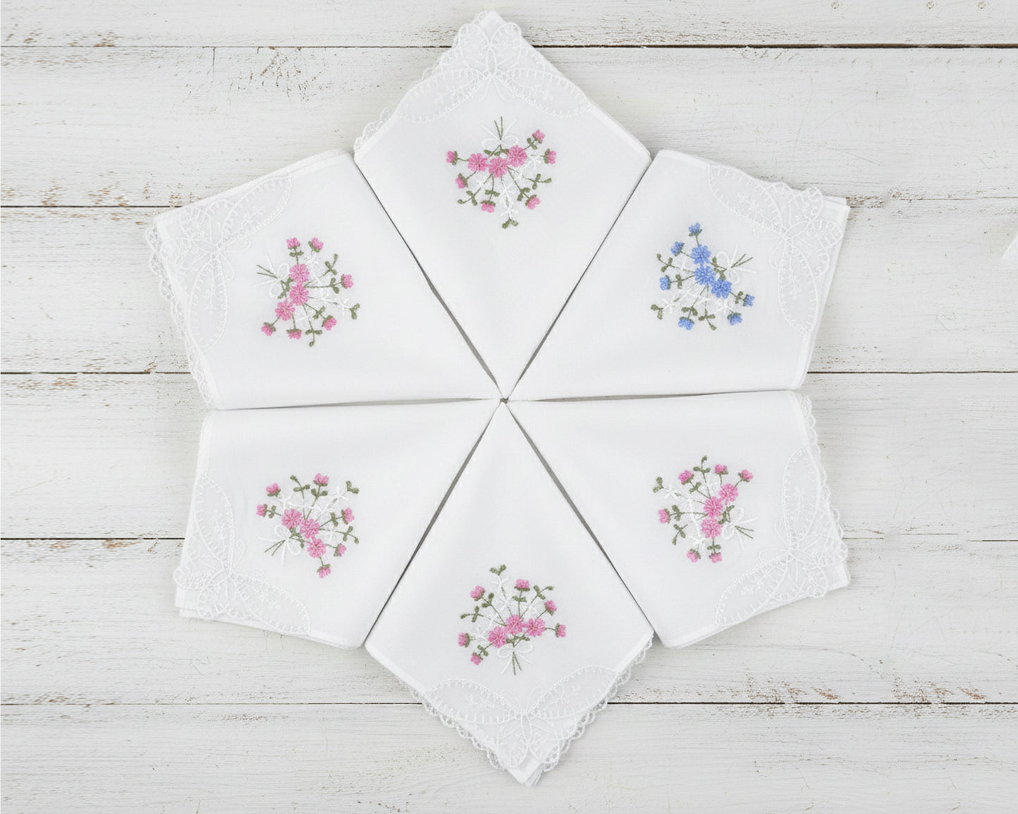 Personalized grandmother handkerchief with pink floral embroidery and lace