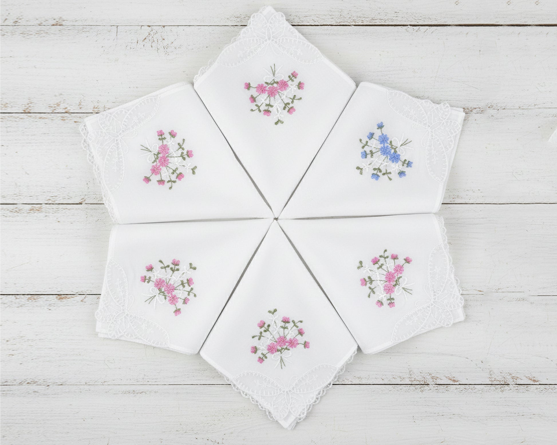 Personalized grandmother handkerchief with pink floral embroidery and lace