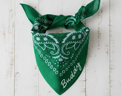 A vibrant green paisley bandana personalized with the name "Annie" in white textured chain stitch embroidery.