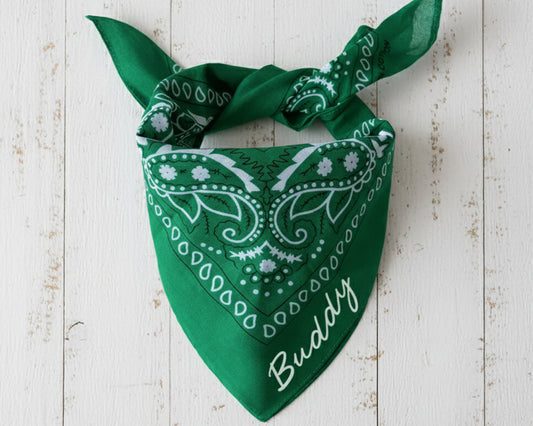 A vibrant green paisley bandana personalized with the name "Annie" in white textured chain stitch embroidery.