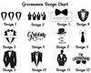 Groomsman design chart with various tuxedo and bow tie illustrations and text placeholders.