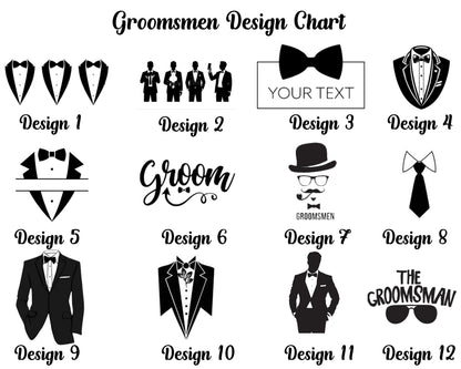 Groomsman design chart with various tuxedo and bow tie illustrations and text placeholders.