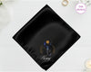 A midnight onyx black luxury satin pocket square customized with the name "Henry" below a high-definition blue and gold vinyl Scorpio zodiac icon.