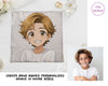Informational graphic on a white handkerchief showing the simple steps to personalize an anime art gift.