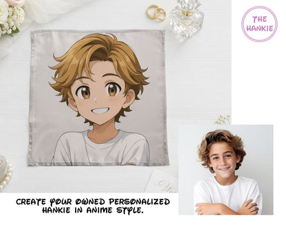 Informational graphic on a white handkerchief showing the simple steps to personalize an anime art gift.