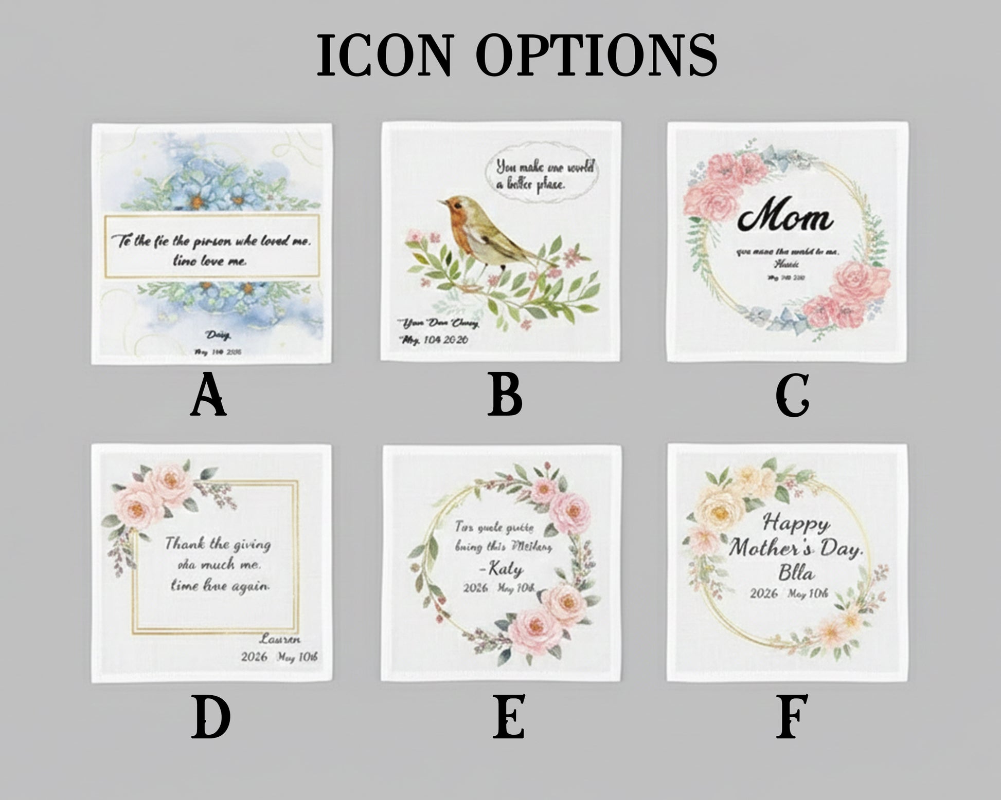 Set of six customizable greeting cards with floral designs and text on a gray background.