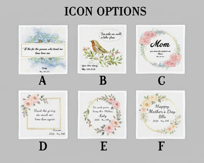Set of six customizable greeting cards with floral designs and text on a gray background.