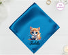 A radiant blue high-lustre satin pocket square customized with "Isabella" and a high-definition vinyl print of a cute ginger and white kitten.
