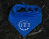 A vibrant blue cotton pet bandana featuring a crisp white heat-pressed vinyl "iT1" corporate logo.