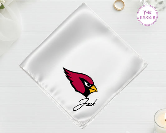 A shimmering pearl white luxury satin handkerchief personalized with the name "Jack" below a high-definition vinyl Arizona Cardinals team icon.