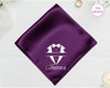 A royal plum luxury satin handkerchief customized with the name "James" integrated into a white vinyl split-style formal suit design.