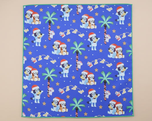 Single kids’ silky satin hanky featuring festive Mickey Mouse and friends on a green striped background.