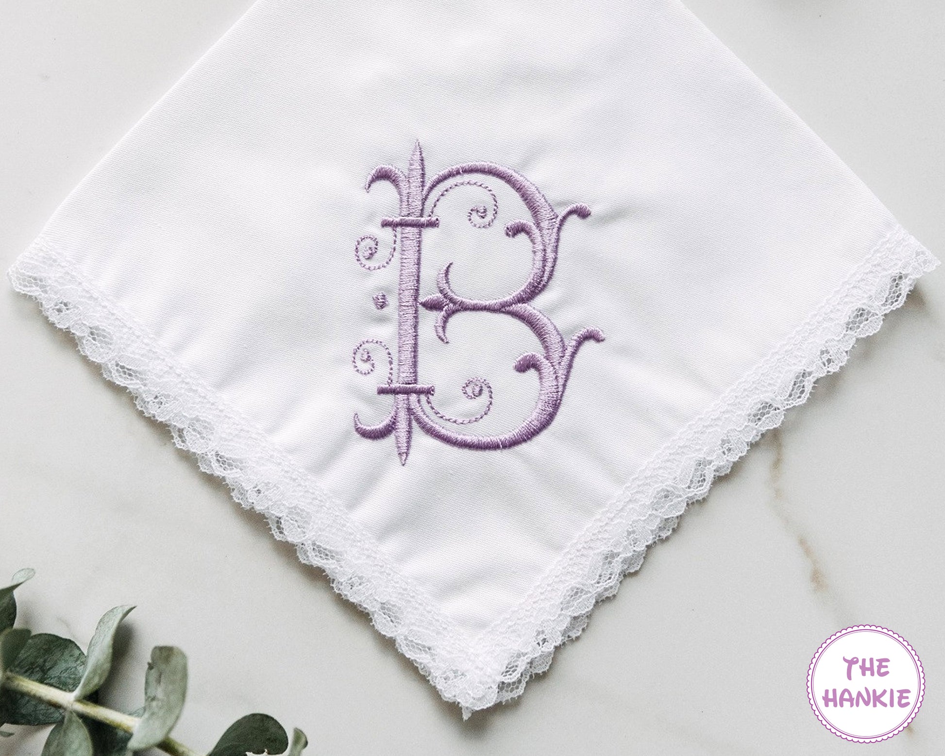 Elegant white wedding handkerchief with lavender B letter monogram embroidery