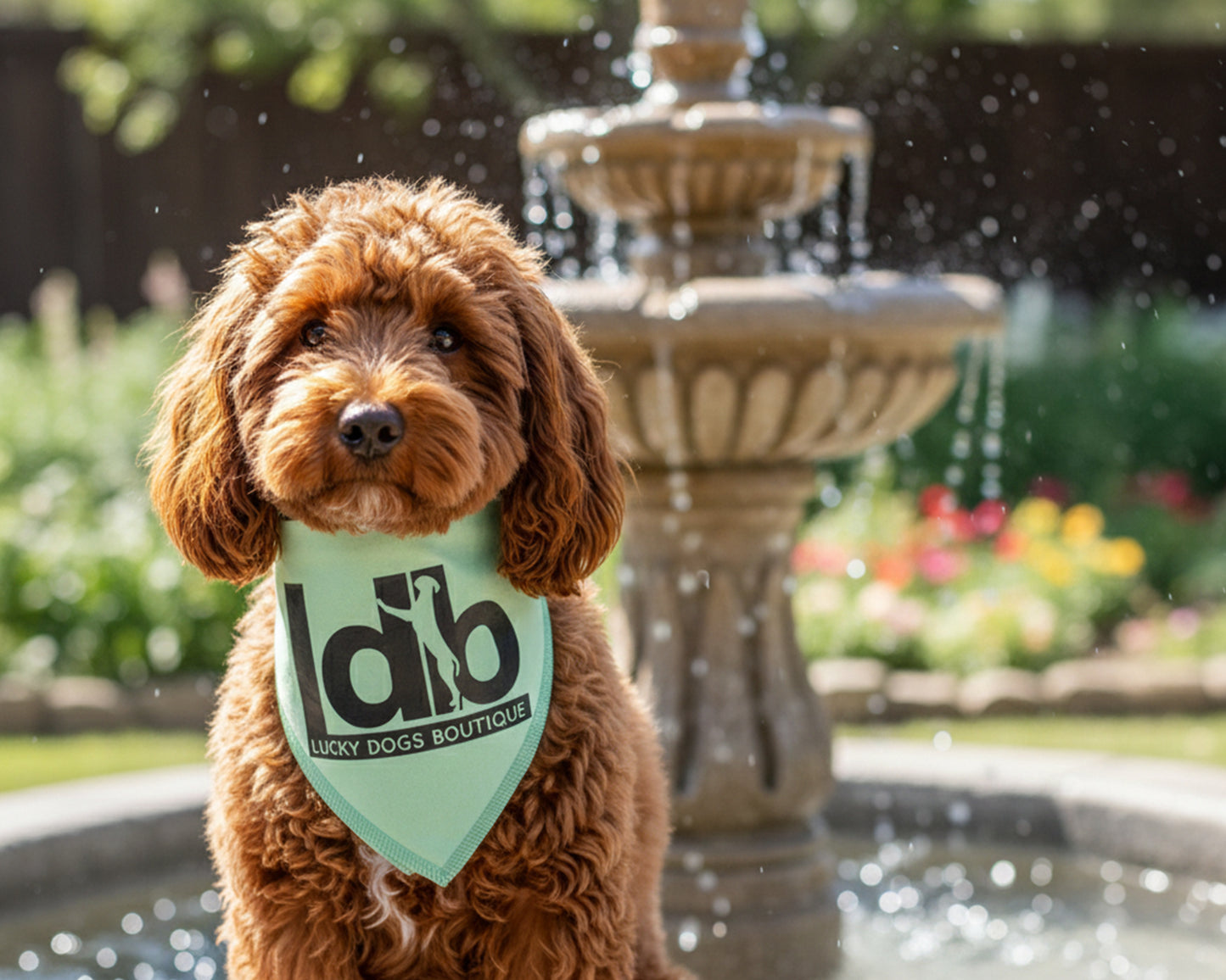 A fluffy brown dog wearing a mint green bandana featuring a high-contrast black vinyl "ldb Lucky Dogs Boutique" logo.