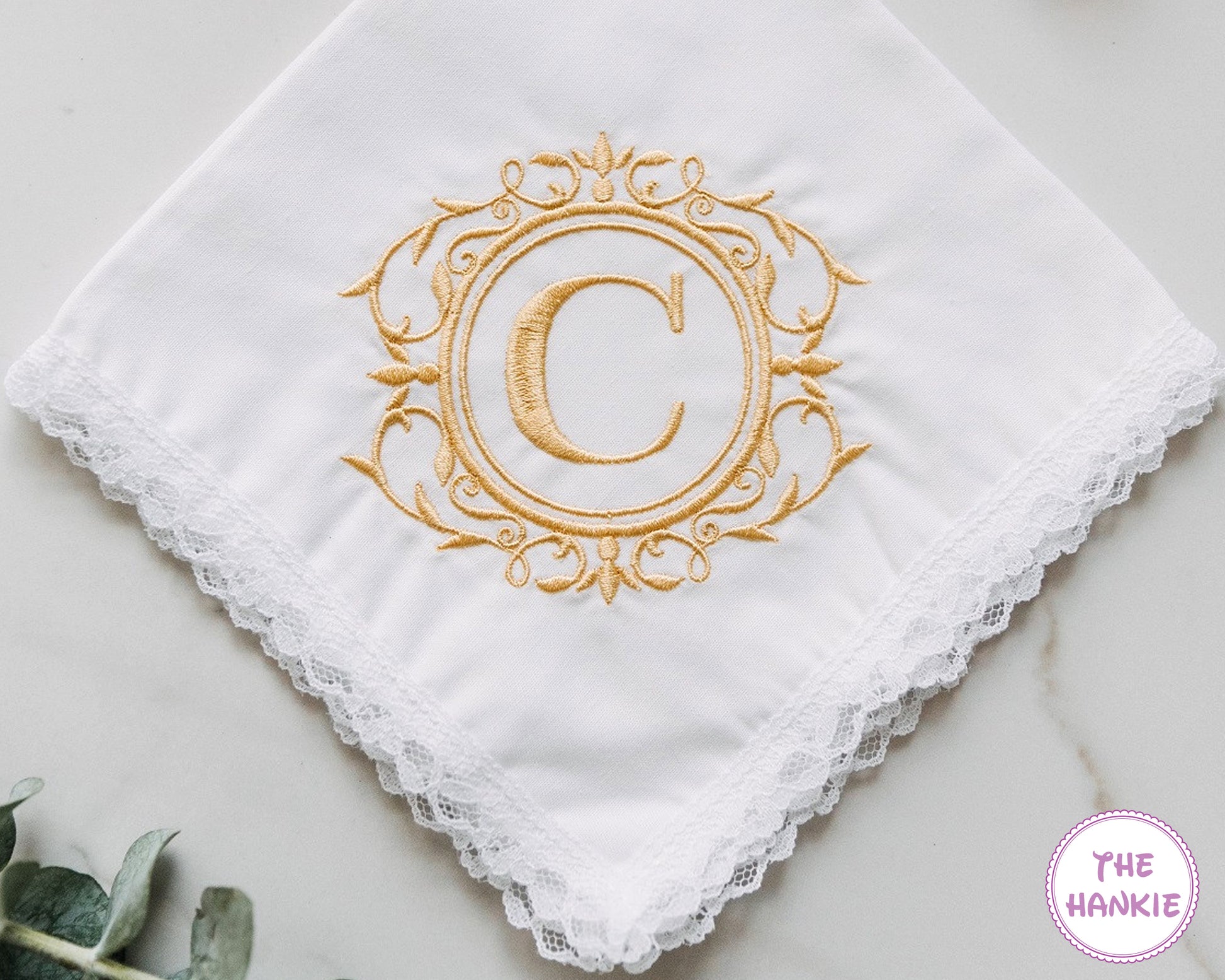 Luxury gold monogram C embroidered satin wedding handkerchief with lace trim