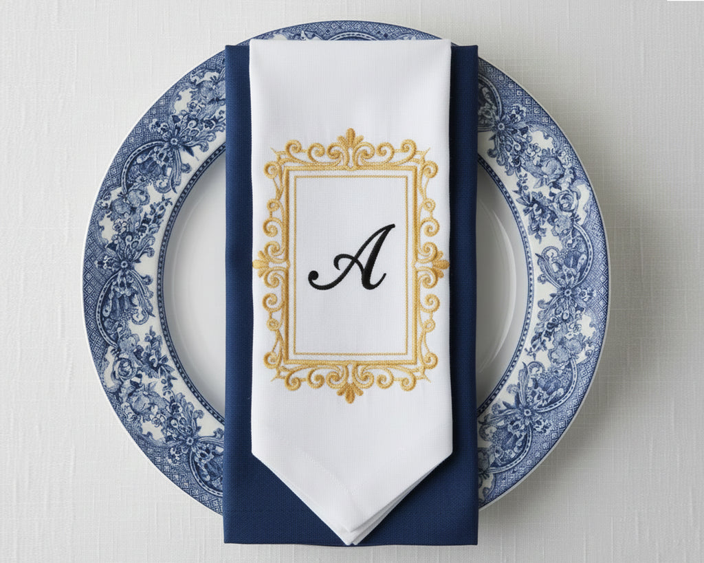 Bespoke white napkin with a detailed green heraldic crest featuring a lion, mountain motif, and 'R' initial