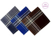 Three plaid hankies in blue, brown, and gray on a white background with 'The Hankie' logo.