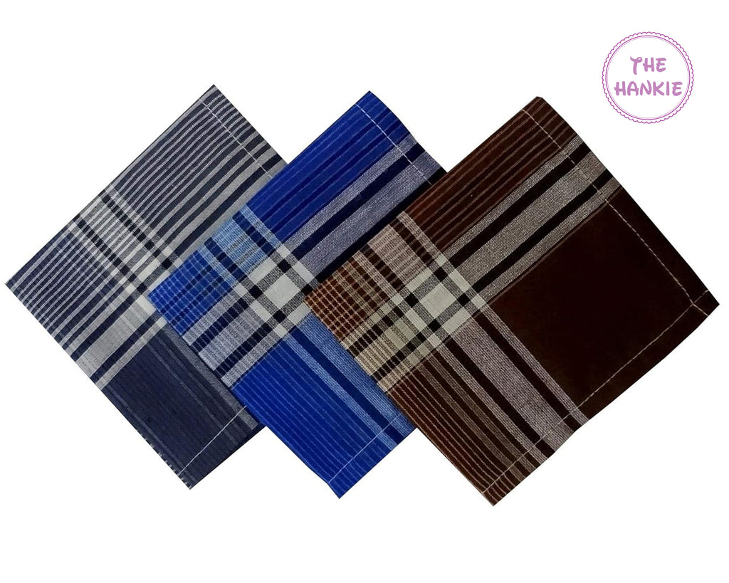 Three plaid hankies in blue, brown, and gray on a white background with 'The Hankie' logo.