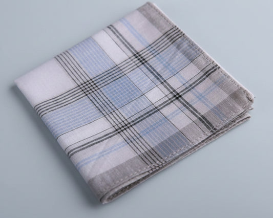 A group of assorted men's cotton handkerchiefs showcasing various blue, brown, and grey plaid patterns and striped designs.