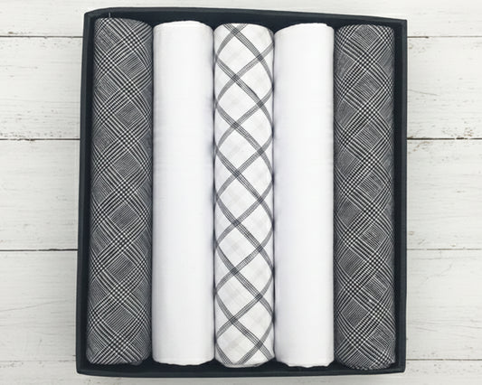 Top view of a 5-piece men's cotton handkerchief set featuring gray plaid and white patterns in a black box.