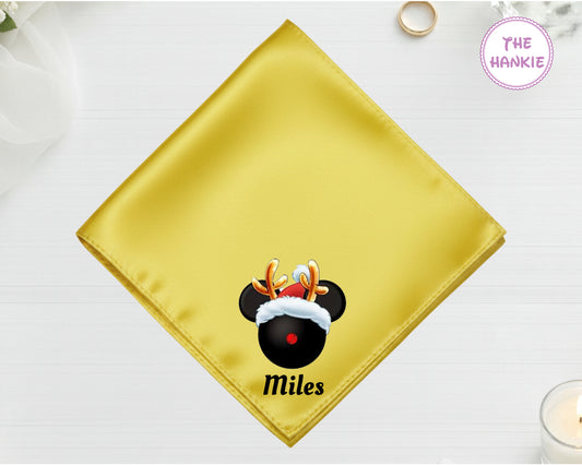 A sun-drenched citron yellow satin pocket square featuring "Miles" and a Mickey silhouette with reindeer antlers and a red hat.
