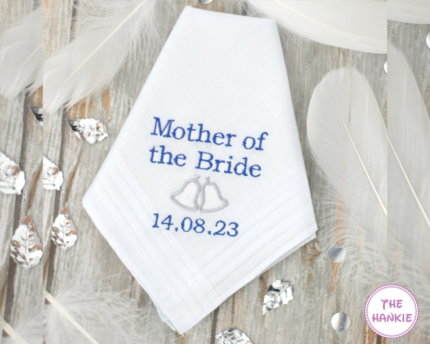 Mother of the Bride embroidered handkerchief with blue lettering and wedding date