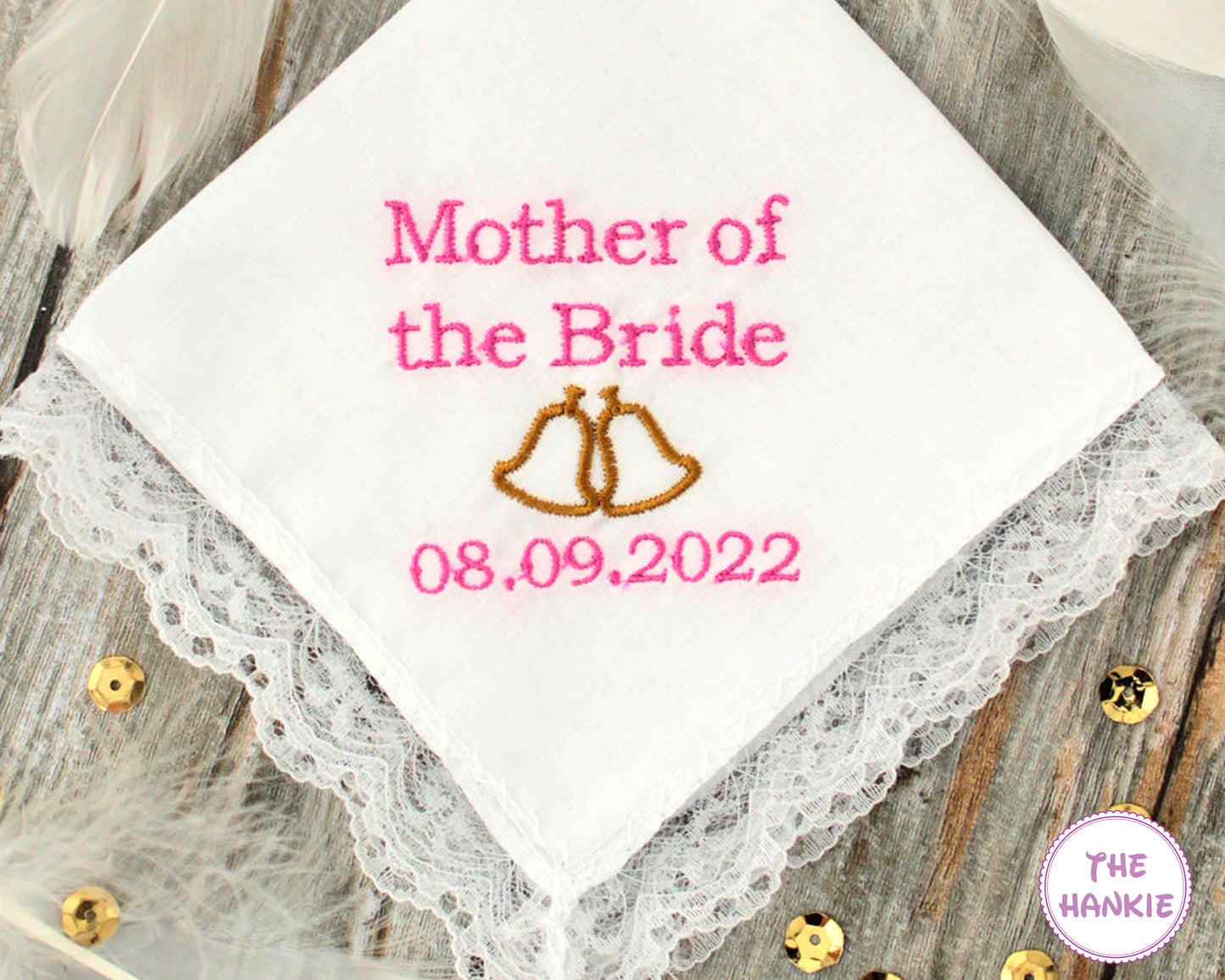 Mother of the Bride embroidered wedding handkerchief with lace edge and wedding date