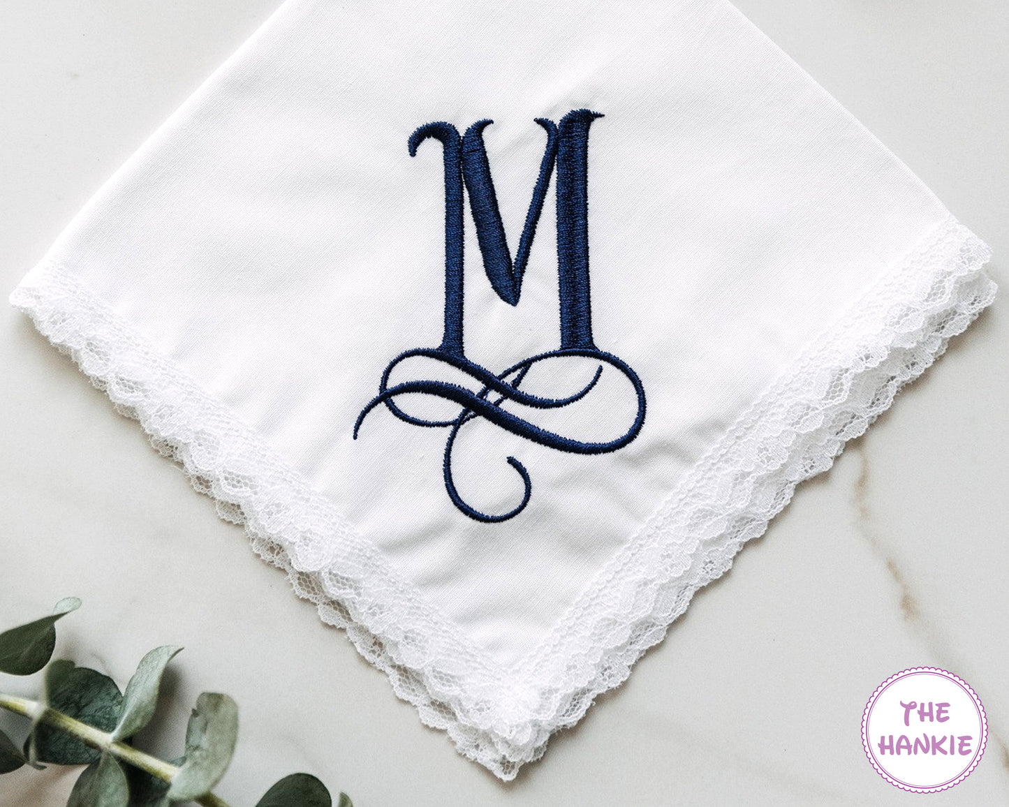 White lace wedding handkerchief with navy blue M initial embroidery