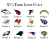 An informational design chart showcasing 12 different high-definition NFL team icons available for custom printing on luxury satin handkerchiefs.
