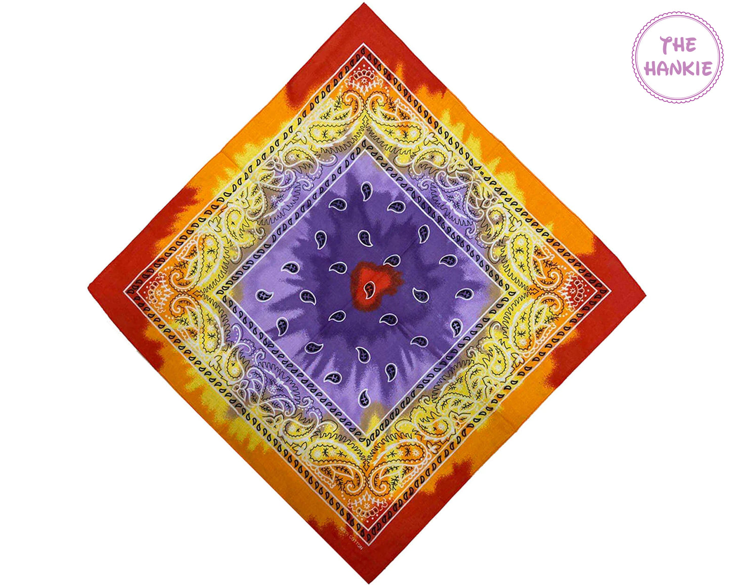 Colorful bandana with a purple center and yellow border on a white background