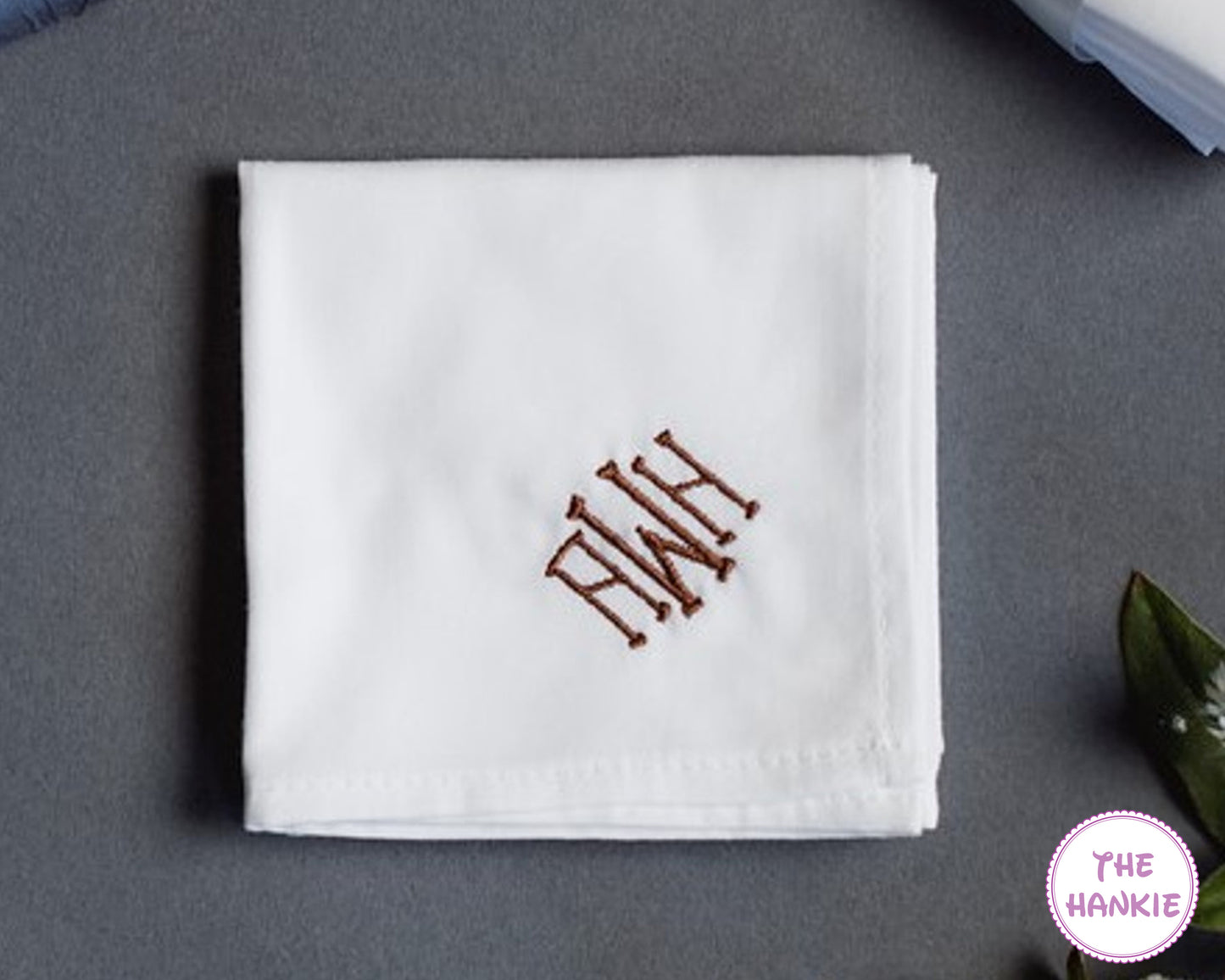Personalized white handkerchief with oval frame monogram embroidery