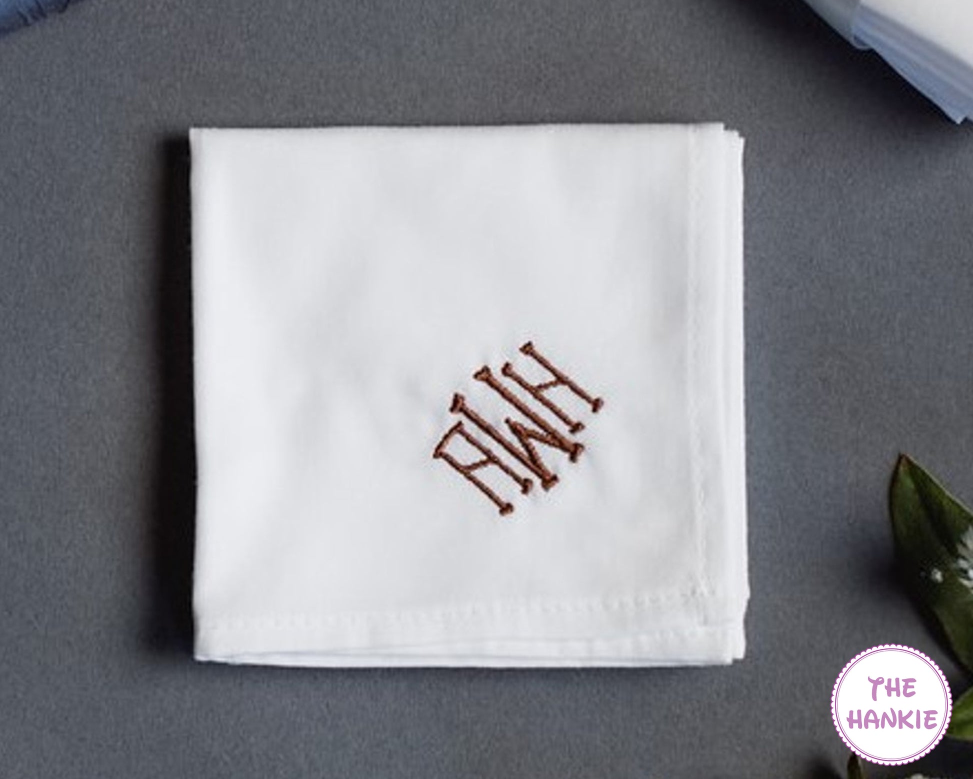 Personalized white handkerchief with oval frame monogram embroidery