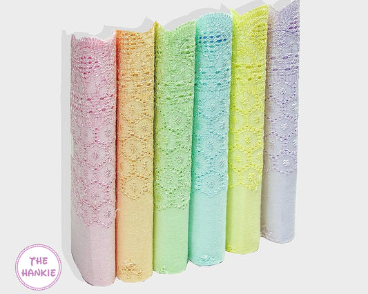 Pastel cotton handkerchief set with lace embroidery in pink, yellow, green, blue and lavender colors
