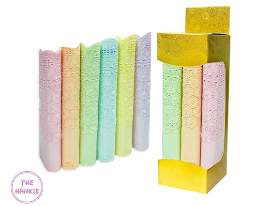 Pastel floral cotton handkerchief set neatly rolled with lace embroidery, displayed with elegant gift box